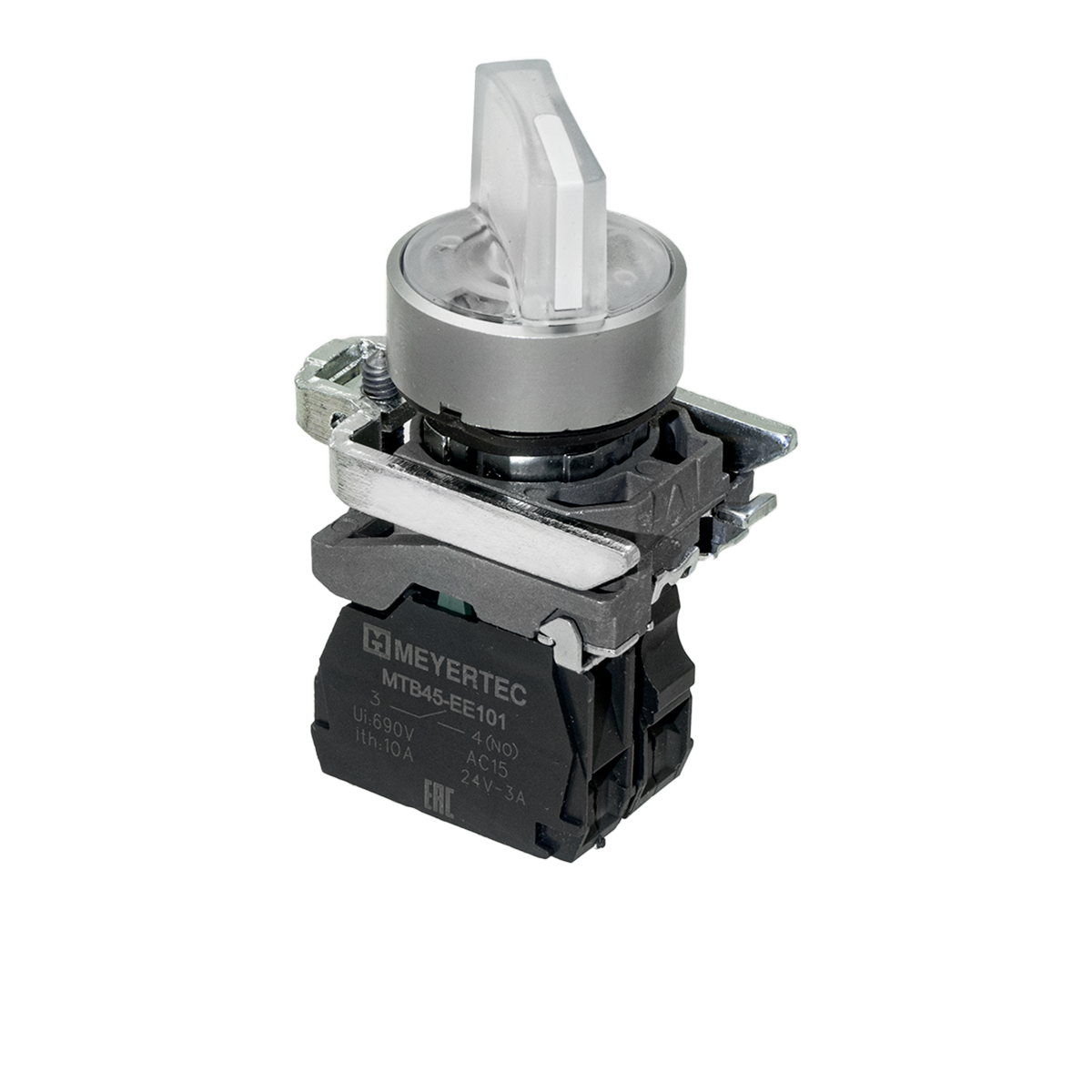 Переключатель на 2 положения с фиксацией и подсветкой, белый, 1NO, 220V AC/DC, IP65, металл MTB4-BK21713