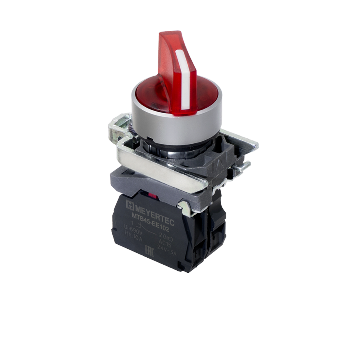 Переключатель  на 2 положения с фиксацией и подсветкой,  красный, 1NС, 24V AC/DC, IP65, металл MTB4-BK24721