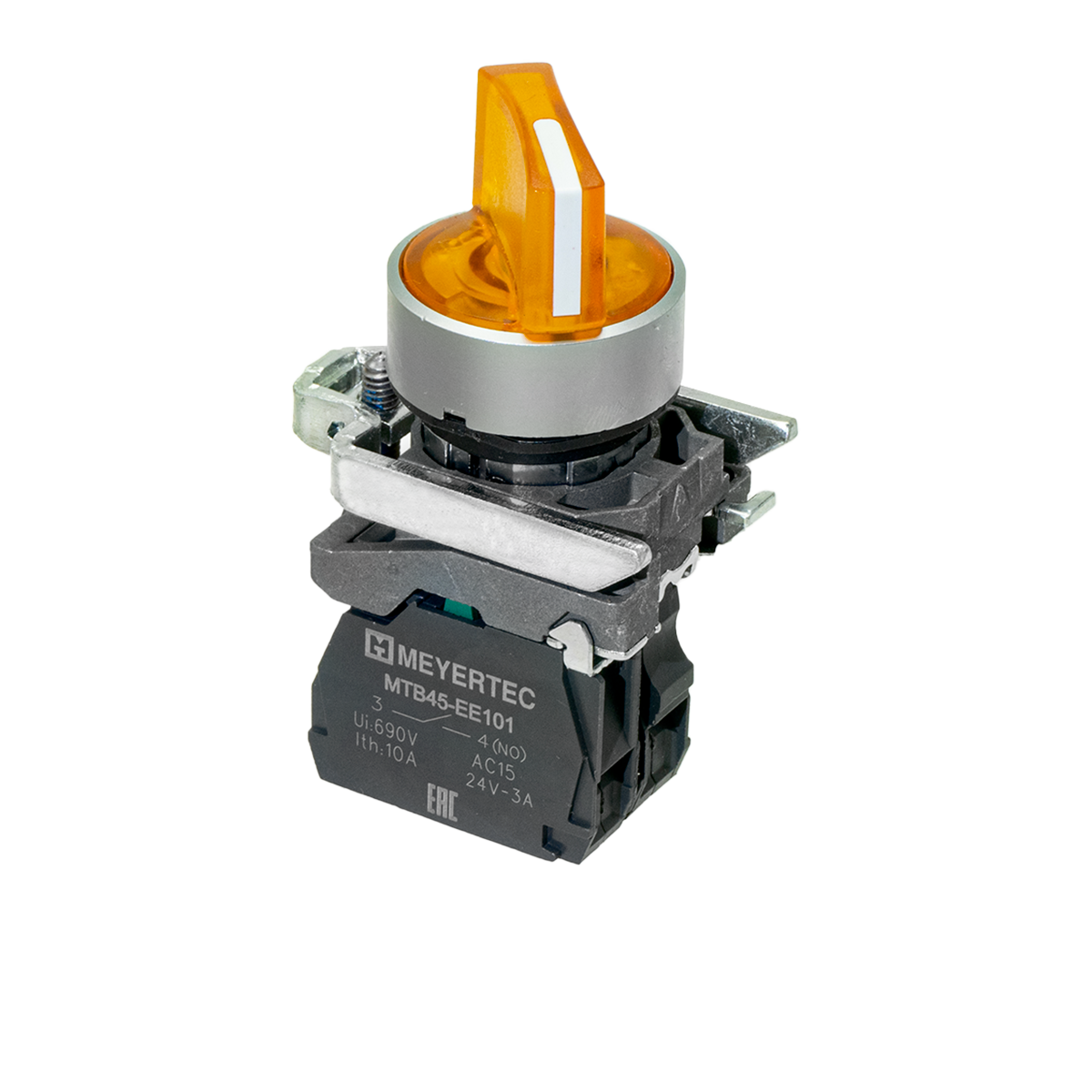 Переключатель  на 2 положения с фиксацией и подсветкой,  желтый, 1NO, 220V AC/DC, IP65, металл MTB4-BK25713