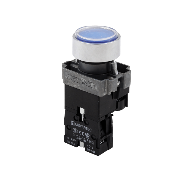Кнопка плоская синяя с подсветкой, 24V AC/DC, 1NO, IP67, металл MTB2-BWF3671