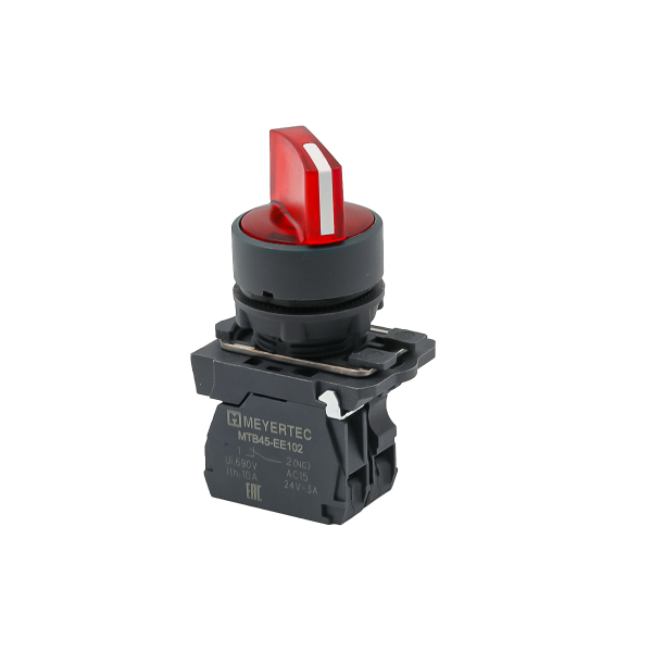 Переключатель  на 2 положения с фиксацией и подсветкой,  красный, 1NС, 24V AC/DC, IP65. пластик MTB5-AK24721