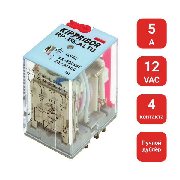 4-конт. реле, 12VAC, ток 5А, LED-индикатор, ручной дублер RP-402.ALTU