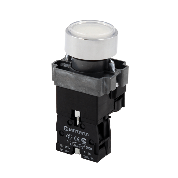 Кнопка плоская белая с подсветкой, 220V AC/DC, 1NO, IP67, металл MTB2-BWF3161