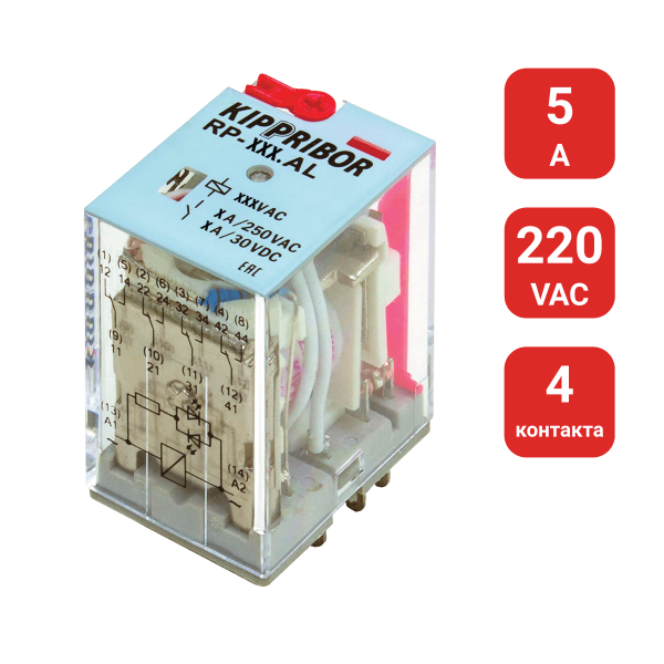 4-конт. реле, 220VAC, ток 5А, LED-индикатор RP-407.AL