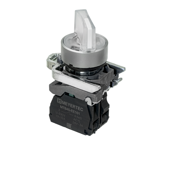 Переключатель на 2 положения с фиксацией и подсветкой, белый, 1NO, 220V AC/DC, IP65, металл MTB4-BK21713