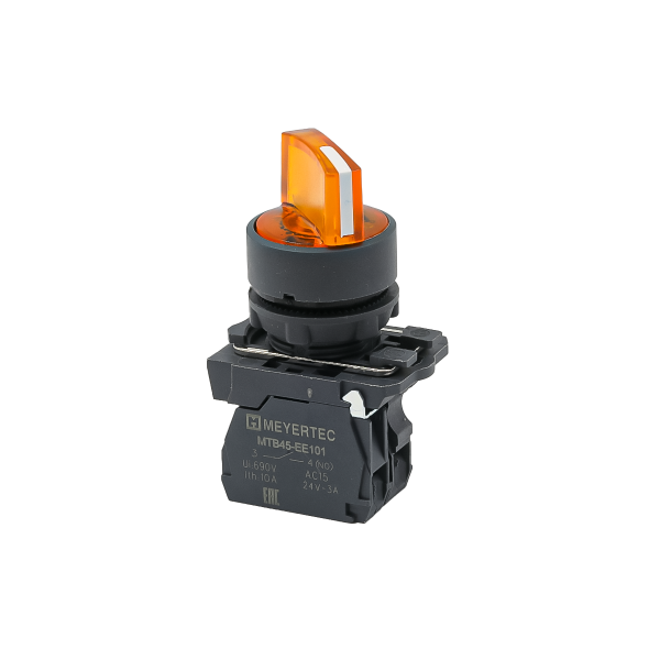 Переключатель  на 2 положения с фиксацией и подсветкой,  желтый, 1NO, 220V AC/DC, IP65, пластик MTB5-AK25713