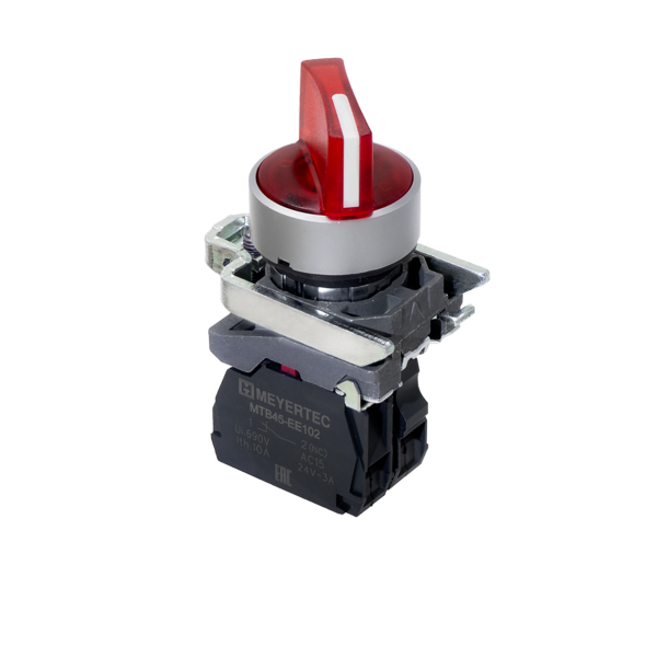 Переключатель  на 2 положения с фиксацией и подсветкой,  красный, 1NС, 24V AC/DC, IP65, металл MTB4-BK24721