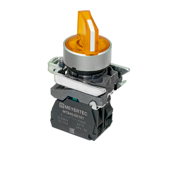 Переключатель  на 2 положения с фиксацией и подсветкой,  желтый, 1NO, 220V AC/DC, IP65, металл MTB4-BK25713