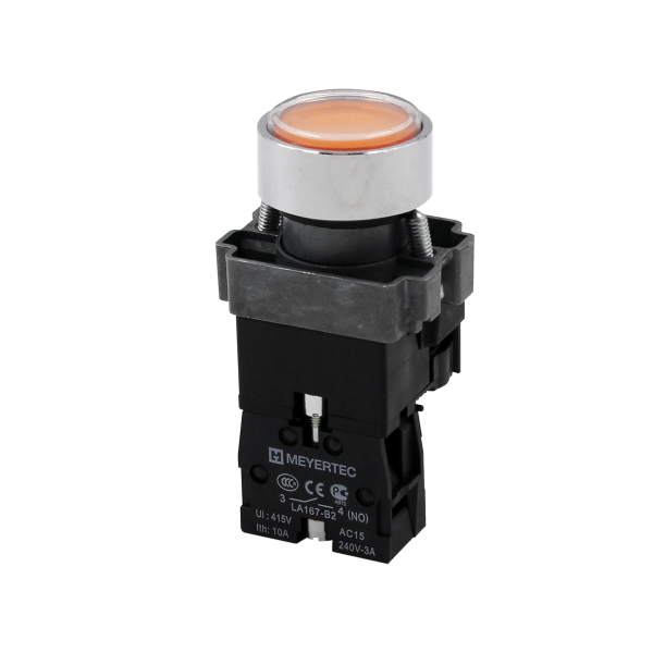 Кнопка плоская желтая с подсветкой, 24V AC/DC, 1NO, IP67, металл MTB2-BWF3571