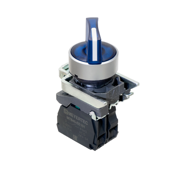 Переключатель  на 2 положения с фиксацией и подсветкой, синий, 1NO, 24V AC/DC, IP65, металл MTB4-BK26711