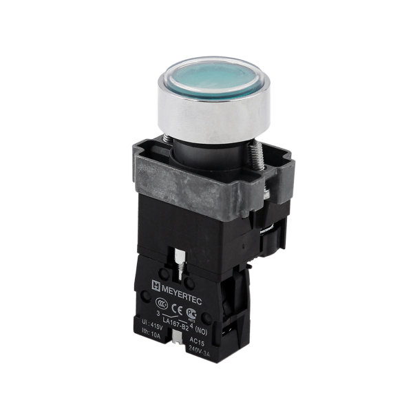 Кнопка  плоская зеленая с подсветкой, 220V AC/DC, 1NO, IP67, металл MTB2-BWF3361