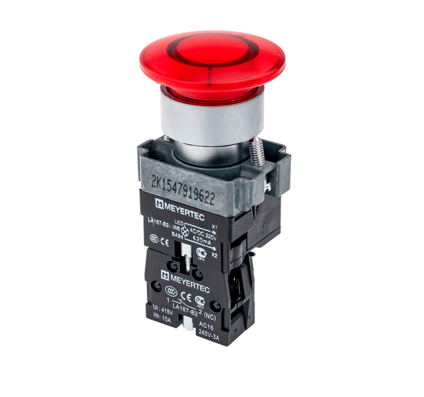 Кнопка грибовидная без фиксации, с подсветкой, 220V, 1NC, красный MTB2-BW4634